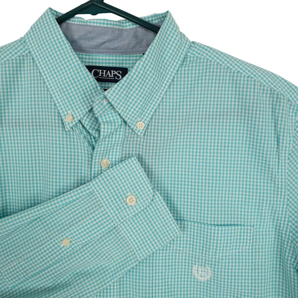 Chaps‎ Mens Classic Fit Pale Jade Gingham Button Down Shirt Large Non Iron